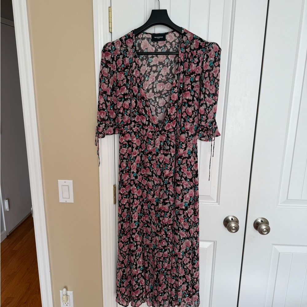 The Kooples Pink and Black Floral Midi Dress